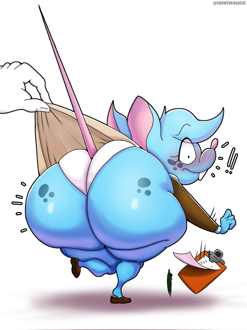 anthro big_breasts blue_body blush bottomwear breasts buckteeth clothing female footwear hi_res hotpants huge_breasts mammal mia_mouse mouse murid murine panties rodent shoes shorts skirt solo tail teeth thedeathcrow05 thick_thighs underwear