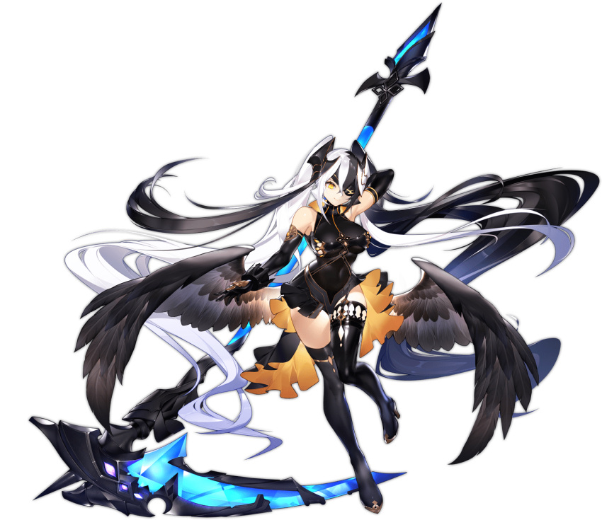 1girl absurdly_long_hair angel ark_order arm_behind_back arm_up asymmetrical_clothes asymmetrical_legwear bare_shoulders black_gloves black_hair black_leotard black_wings breasts calder closed_mouth cross elbow_gloves eyebrows_hidden_by_hair eyepatch feathered_wings full_body gloves highres holding holding_scythe holding_weapon inverted_cross large_breasts latin_cross leotard long_hair looking_at_viewer mismatched_legwear multicolored_hair official_art open_mouth sariel_(ark_order) science_fiction scythe smile solo tachi-e tattoo transparent_background twintails two-tone_hair uneven_legwear very_long_hair weapon white_hair wings yellow_eyes