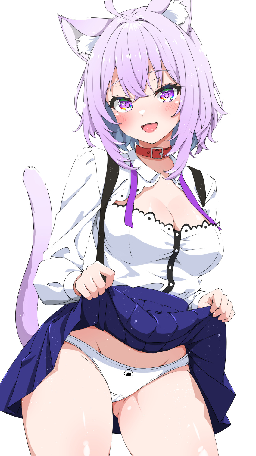 1girl :d absurdres adapted_costume ahoge animal_ear_fluff animal_ears ass_visible_through_thighs blue_skirt blush breasts cameltoe cat_ears cat_girl cat_tail cleavage_cutout clothes_lift clothing_cutout collar commentary cowboy_shot highres hololive isakoro_(hx9cj) lifted_by_self long_sleeves looking_at_viewer medium_breasts nekomata_okayu nekomata_okayu_(wonderland) onigiri_print panties purple_eyes purple_hair red_collar simple_background skirt skirt_lift smile solo tail underwear virtual_youtuber white_background white_panties