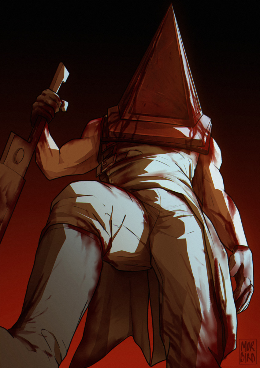 1boy bara blood blood_on_clothes bulge dead_by_daylight feet_out_of_frame foreshortening from_below gradient_background helmet highres horror_(theme) huge_pectorals legs_apart male_focus morebird muscular muscular_male outstretched_leg pyramid_head silent_hill_(series) silent_hill_2 simple_background solo sword thick_thighs thighs weapon