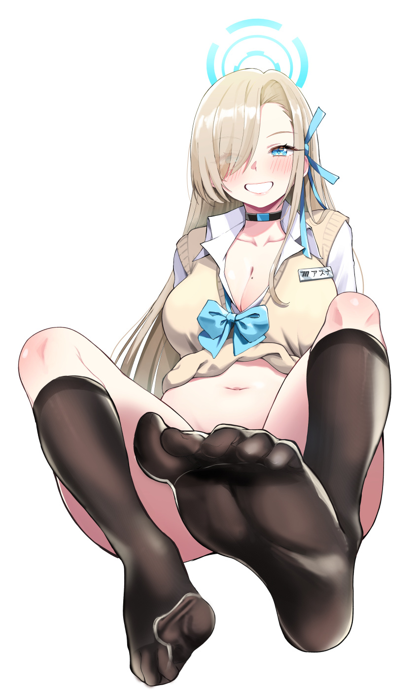 1girl absurdres asuna_(blue_archive) black_collar black_socks blonde_hair blue_archive blue_bow blue_bowtie blue_eyes blue_halo blue_ribbon bottomless bow bowtie breasts cleavage collar collared_shirt convenient_leg dress_shirt feet foreshortening grin hair_over_one_eye hair_ribbon halo highres hungry0126 long_hair long_sleeves looking_at_viewer mole mole_on_breast navel open_clothes open_shirt ribbon school_uniform shirt sitting smile socks soles solo toes transparent_background very_long_hair vest white_shirt wing_collar yellow_vest