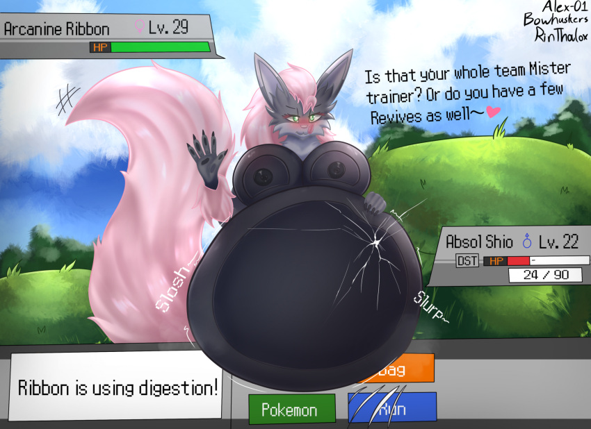 after_vore alexis-01 anthro arcanine belly big_belly big_breasts black_body black_fur bowhuskers breaking_the_fourth_wall breasts canid clothed clothing english_text female fur generation_1_pokemon green_eyes grey_body grey_fur hair hi_res mammal multicolored_body multicolored_fur nintendo nipples pink_body pink_fur pink_tail pokemon pokemon_(species) ribbon_(bowhuskers) rinthalox solo tail text tuft two_tone_body two_tone_fur vore