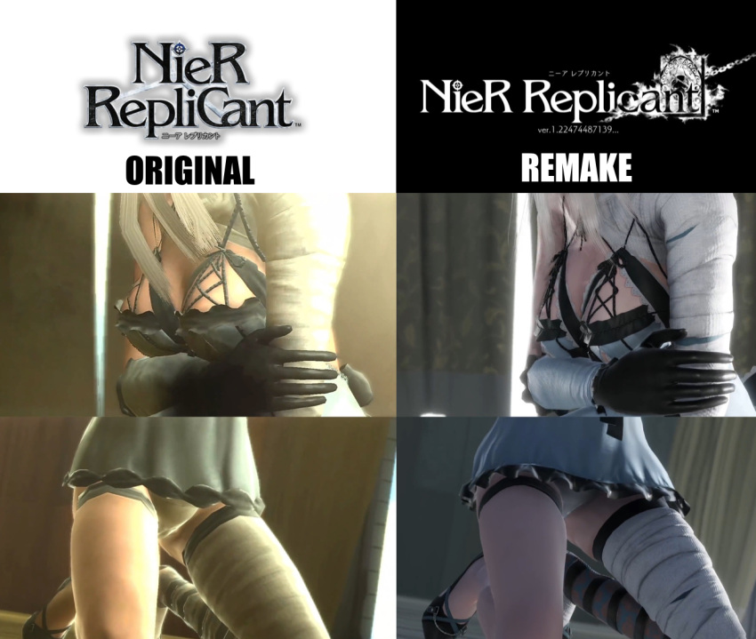 1girl asymmetrical_legwear breast_reduction bulge cameltoe castration censored comparison futanari game_console implied_castration kaine_(nier) nier_(series) panties penis_in_panties playstation_3 playstation_4 screencap silver_hair skindentation testicles testicles_under_clothes thighhighs underwear upskirt