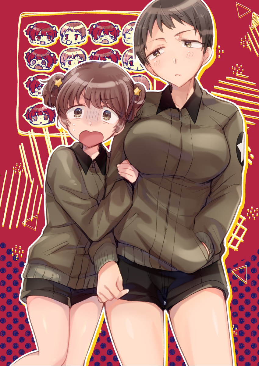 2girls absurdres alisa_(girls_und_panzer) arm_hug black_shorts blush breasts brown_eyes brown_hair closed_mouth freckles girls_und_panzer hair_ornament highres koyama_harutarou large_breasts looking_at_another military_uniform multiple_girls naomi_(girls_und_panzer) open_mouth saunders_military_uniform short_hair shorts small_breasts star_(symbol) star_hair_ornament tears twintails uniform wide-eyed yuri
