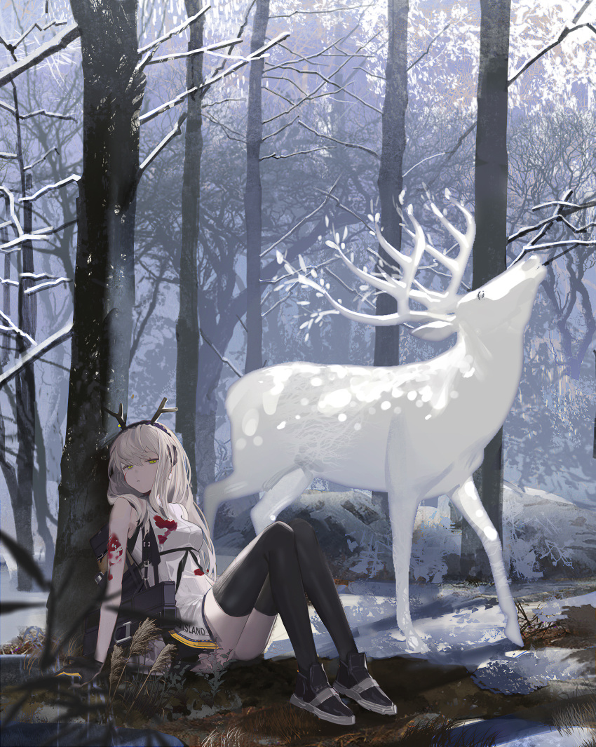 1girl absurdres against_tree animal antlers arknights bangs bare_arms bare_shoulders black_footwear black_gloves black_legwear blood blood_on_face bloody_clothes breasts clothes_writing day deer dress firewatch_(arknights) firewatch_(wilted_cypress)_(arknights) forest full_body gloves green_eyes highres huge_filesize long_hair looking_at_viewer nature outdoors reclining shoes short_dress silver_hair sleeveless sleeveless_dress small_breasts snow thighhighs tree white_dress winter zheshe_jing