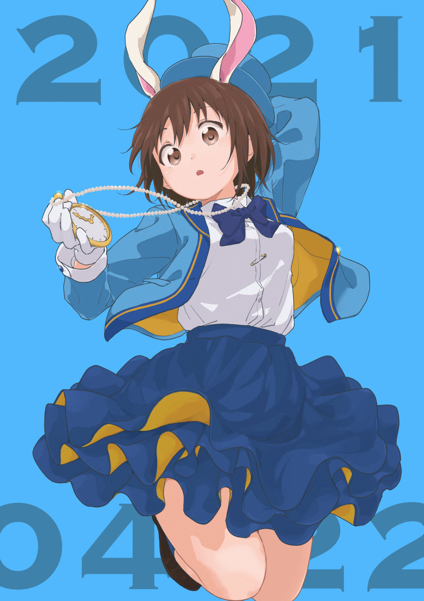 1girl 9so_(ponchon) :o alice_in_wonderland animal_ears arm_behind_head arm_up bangs blue_background blue_bow blue_headwear blue_jacket blue_neckwear blue_skirt bow bowtie brown_eyes brown_footwear brown_hair bunny_ears buttons clock clock_necklace collared_shirt commentary cosplay dated dated_commentary dress_shirt eyebrows_visible_through_hair fake_animal_ears funami_yui gloves hand_up hat highres jacket jewelry jumping long_sleeves looking_at_viewer necklace open_clothes open_jacket paperclip shirt shirt_tucked_in shoes skirt solo upper_teeth watch white_gloves white_rabbit white_rabbit_(cosplay) white_shirt yuru_yuri