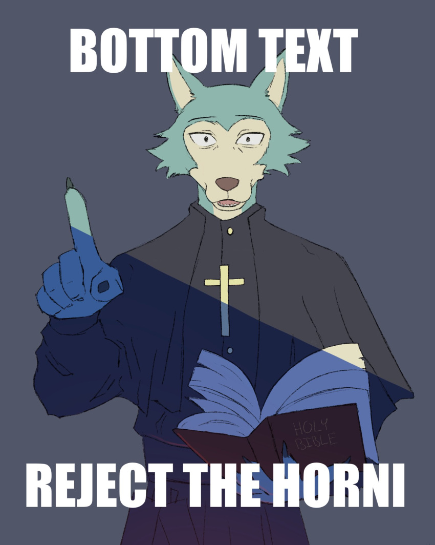 2024 anthro beastars bible book calypsomw canid canine canis christianity claws cloak clothed clothing cross english_text eyebrows front_view fur gesture grey_background hand_gesture hi_res holding_book holding_object humor legoshi_(beastars) looking_at_viewer male mammal meme open_book open_mouth pointing priest reaction_image religion shadow simple_background solo standing text tuft wolf