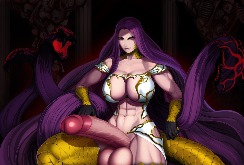 abs aka6 avenger_gorgon balls big_breasts big_penis breasts cleavage clothed clothing erection european_mythology fate_(series) genitals gorgon greek_mythology gynomorph huge_penis intersex living_hair looking_at_viewer medusa_(fate) muscular muscular_gynomorph muscular_intersex mythology penis pseudo_hair reptile scalie snake snake_hair spread_legs spreading