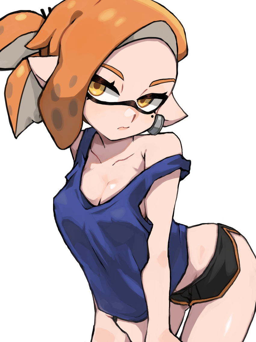 1girl absurdres black_shorts blue_tank_top breasts cleavage closed_mouth ear_piercing highres ikachan_pochan inkling_girl inkling_player_character leaning_forward looking_at_viewer medium_breasts mole mole_under_eye off_shoulder orange_hair piercing pointy_ears ponytail short_shorts shorts simple_background solo splatoon_(series) tank_top tentacle_hair white_background yellow_eyes