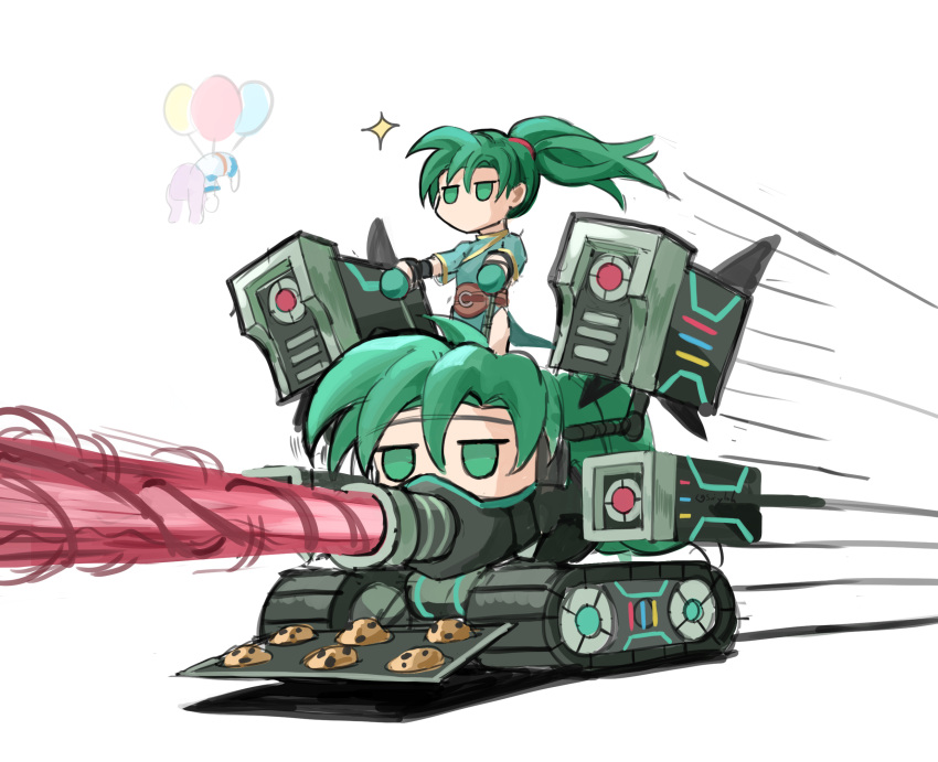 2girls baking_sheet balloon caterpillar_tracks chibi cookie english_commentary fire_emblem fire_emblem:_the_blazing_blade florina_(fire_emblem) food gloves green_eyes green_hair ground_vehicle highres jitome laser_beam long_hair lyn_(fire_emblem) military military_vehicle motor_vehicle multiple_girls no_mouth ponytail saiykik simple_background solo_focus speed_lines tank tray what white_background