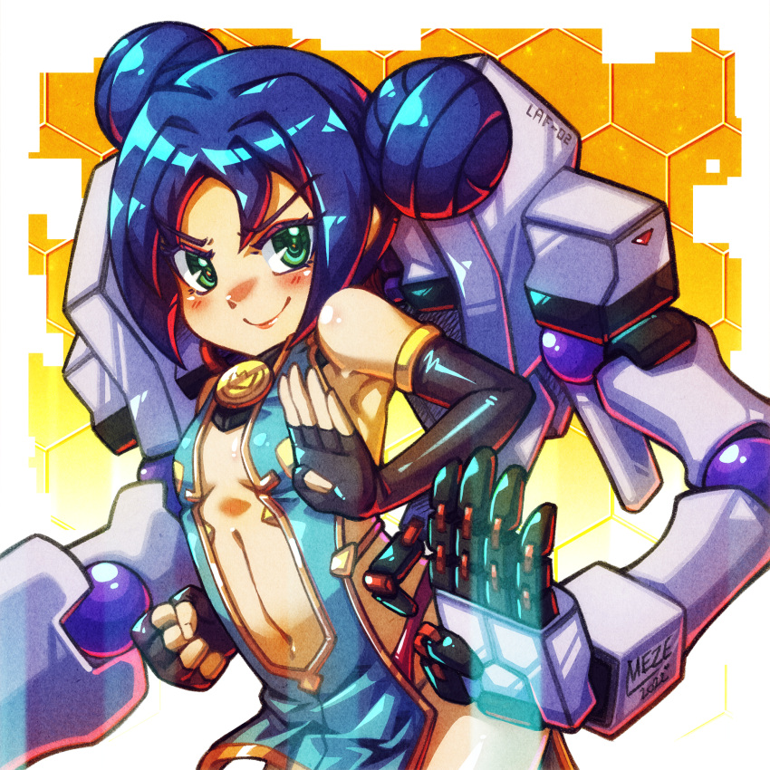 1girl artery_gear artist_name black_gloves blue_hair breasts china_dress chinese_clothes clenched_hand dated double_bun dress elbow_gloves english_commentary gloves green_eyes hair_bun highres laflora looking_at_viewer mechanical_arms navel siddngor small_breasts smile yang_meihua_(laflora) yellow_background