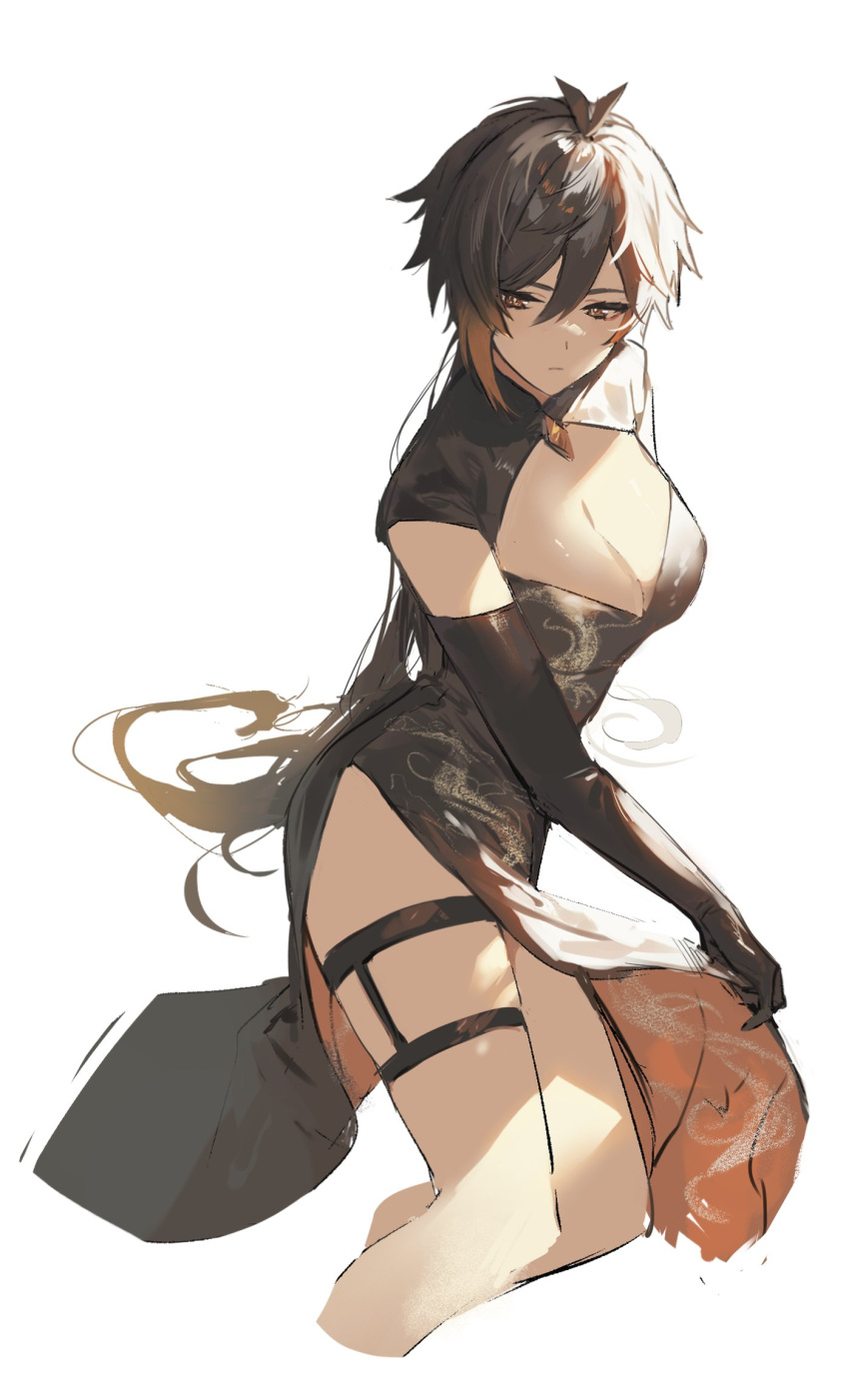 1girl black_dress black_gloves black_hair breasts brown_hair china_dress chinese_clothes cleavage closed_mouth cropped_legs dragon_print dress elbow_gloves genderswap genderswap_(mtf) genshin_impact gloves hair_between_eyes highres large_breasts long_hair multicolored_hair mup534 ponytail simple_background solo thigh_strap very_long_hair white_background zhongli_(genshin_impact)