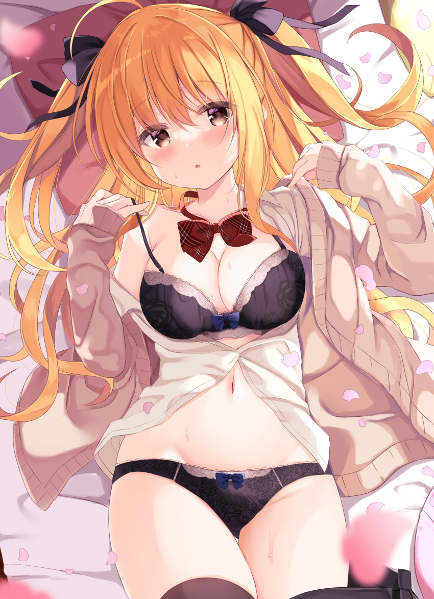 1girl absurdres ahoge bare_shoulders bed_sheet black_bow black_bra black_panties black_skirt blonde_hair blush bow bow_bra bow_panties bra breasts brown_cardigan brown_eyes cardigan cleavage clothes_pull collarbone collared_shirt commentary dress_shirt groin hair_bow hands_up highres kujou_danbo long_hair long_sleeves looking_at_viewer lying medium_breasts navel off_shoulder on_back open_cardigan open_clothes original panties parted_lips petals plaid plaid_bow red_bow shirt skirt skirt_pull sleeves_past_wrists solo symbol_commentary two_side_up underwear very_long_hair white_shirt