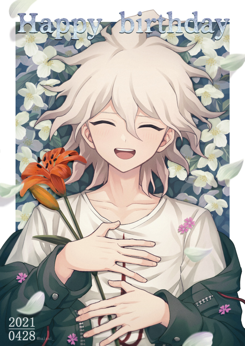 1boy :d absurdres artist_name bangs border closed_eyes closed_mouth collarbone commentary_request danganronpa_(series) danganronpa_2:_goodbye_despair dated eyebrows_visible_through_hair facing_viewer flower hair_between_eyes haizai hands_on_own_chest hands_up happy_birthday highres holding holding_flower jacket komaeda_nagito long_sleeves looking_at_viewer lying male_focus on_back open_mouth petals red_flower shirt smile solo upper_body white_border white_hair white_shirt