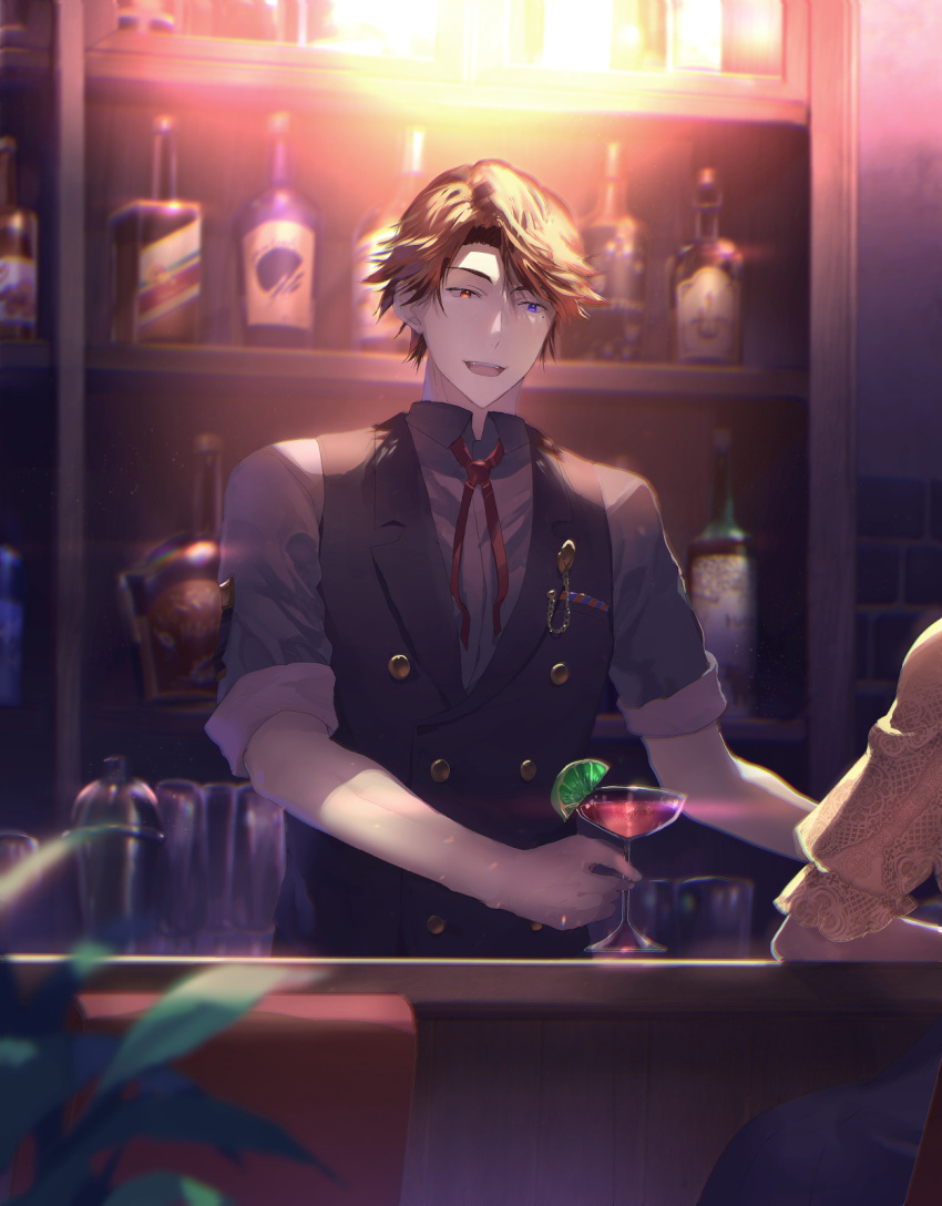 1boy alcohol bar bartender black_shirt black_vest blurry cocktail_glass commentary_request cup depth_of_field drinking_glass heterochromia highres holostars lime_slice male_focus mole mole_under_eye open_mouth orange_hair red_neckwear shirt smile sunakumo vest virtual_youtuber yukoku_roberu