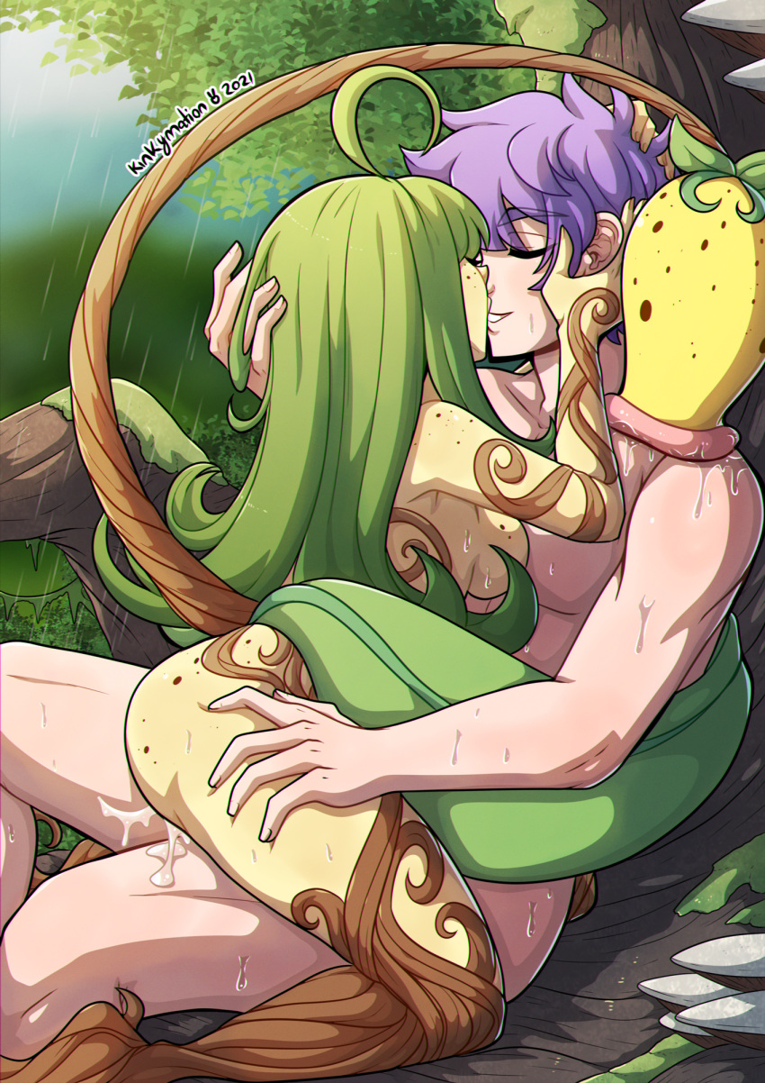 1boy 1girl ahoge ambiguous_penetration artist_name bellsprout breasts colored_skin cum eyebrows_visible_through_hair freckles gen_1_pokemon girl_on_top green_hair hand_on_another's_head hand_on_another's_thigh hetero highres kinkymation kiss long_hair medium_breasts monster_girl moss mushroom outdoors personification pitcher_plant plant plant_girl pokemon purple_hair rain saliva sex sideboob sitting sitting_on_lap sitting_on_person straddling tail tree upright_straddle vine_tail yellow_skin