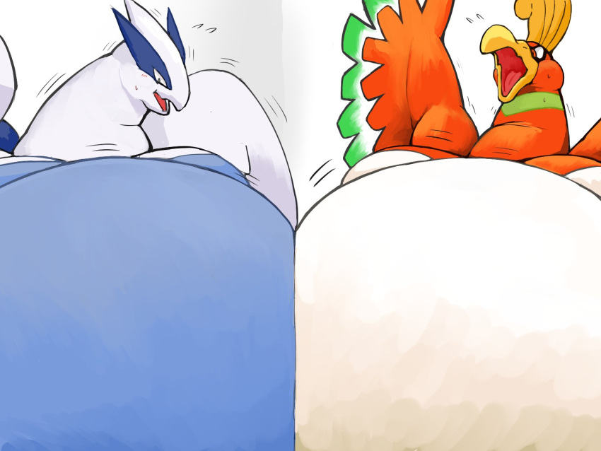 ambiguous_gender anthro belly belly_jiggle belly_to_belly big_belly blue_body duo embarrassed feathers feral hi_res ho-oh immobile legendary_pok&eacute;mon lugia morbidly_obese nintendo obese orange_body overweight pok&eacute;mon pok&eacute;mon_(species) side_by_side simple_background video_games white_body zephy_03