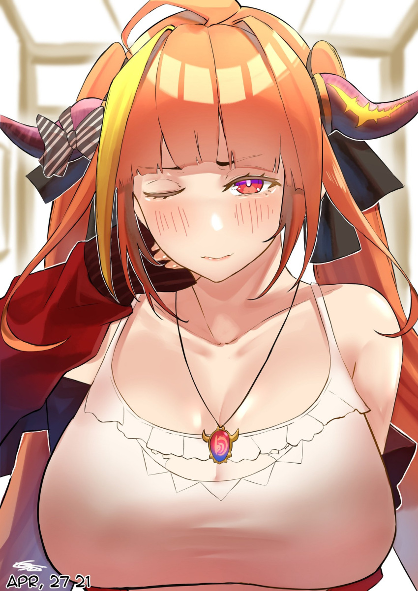 1girl ahoge bangs bare_shoulders black_ribbon blonde_hair blunt_bangs blush bow breasts bright_pupils camisole cleavage cleavage_cutout closed_mouth clothing_cutout collarbone dated diagonal-striped_bow dragon_girl dragon_horns english_commentary eyebrows_visible_through_hair fangs frilled_camisole genm7 hair_intakes hair_ribbon hand_on_own_cheek hand_on_own_face hand_up highlights highres hololive horn_bow horns jacket jewelry kiryu_coco large_breasts light_smile long_hair long_sleeves looking_at_viewer multicolored multicolored_eyes multicolored_hair off_shoulder official_alternate_costume one_eye_closed open_clothes open_jacket orange_hair pendant purple_eyes red_eyes red_jacket ribbon sidelocks skin_fangs sleeves_past_wrists solo spaghetti_strap streaked_hair striped striped_bow track_jacket twintails upper_body virtual_youtuber white_camisole white_pupils