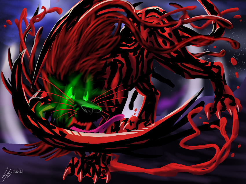 carnage_(marvel) claws digital_media_(artwork) disney felid fur green_eyes hi_res hybrid lion male mammal marvel night pantherine pinup pose scar sinister solo soulgryph symbiote teeth the_lion_king tongue weapon_arm