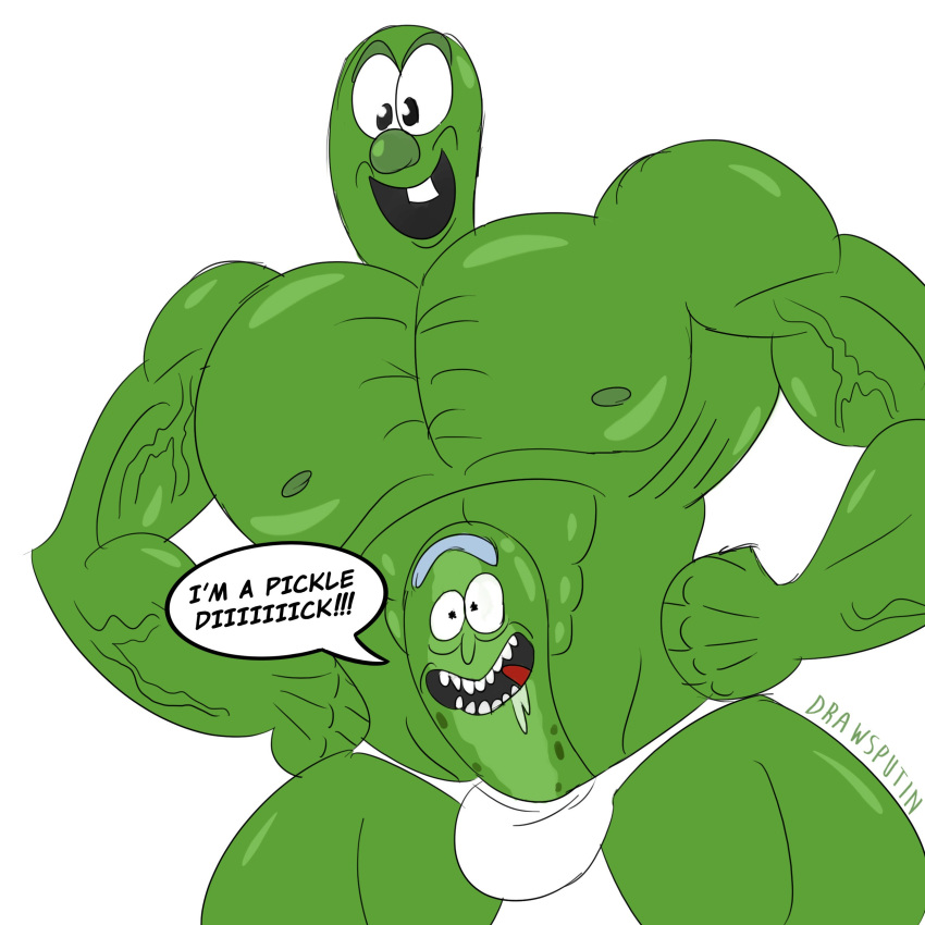 absurd_res adult_swim cartoon_network crossover cursed_image drawsputin english_text food food_creature genitals hi_res humanoid larry_the_cucumber male meme muscular muscular_humanoid muscular_male not_furry penis pickle_rick rick_and_morty rick_sanchez simple_background teeth text tongue veggietales what_has_science_done white_background