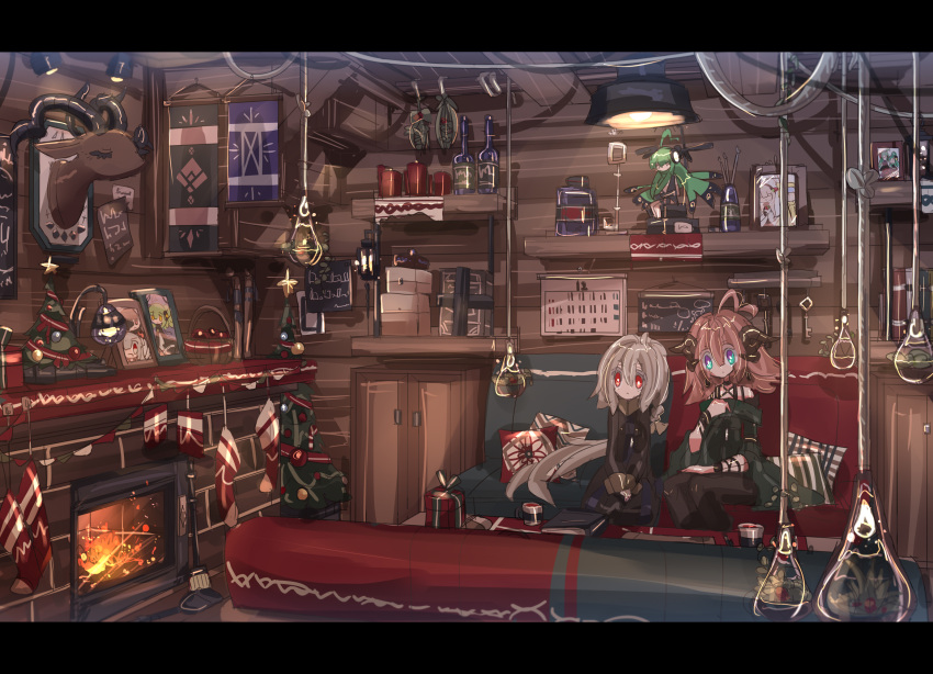 ahoge banner black_coat black_pants blue_eyes bottle box braid braided_ponytail brown_hair brush calendar_(object) candle ceiling_light christmas christmas_ornaments christmas_tree coat couch criss-cross_halter cthulhu_mythos cup deer_head desk_lamp enothela fire fireplace fireplace_tool_stand gift grey_hair hair_between_eyes halterneck hanging_light highres horns indoors jewelry key lamp lavinia_whateley long_hair medium_hair mistletoe mug multiple_horns necklace off_shoulder original pants personification photo_(object) pillow ponytail red_eyes scenery shovel shub-niggurath sign single_braid sitting taxidermy thighhighs very_long_hair wide_sleeves