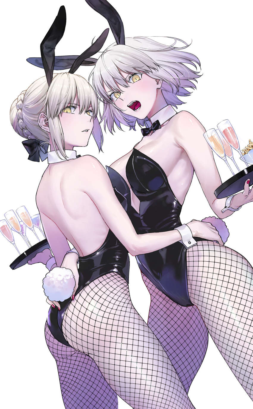 2girls absurdres animal_ears arm_around_waist artoria_pendragon_(all) ass back backless_leotard bangs bare_arms bare_shoulders black_bow black_legwear black_leotard black_neckwear blonde_hair blush bow bowtie breasts bunny_ears bunny_tail champagne_flute cleavage cup detached_collar drinking_glass duplicate dutch_angle eyebrows_visible_through_hair fake_animal_ears fake_tail fate/grand_order fate_(series) fishnet_legwear fishnets hair_bow hair_bun highres holding holding_tray jeanne_d'arc_(alter)_(fate) jeanne_d'arc_(fate)_(all) leotard looking_at_viewer looking_back medium_breasts multiple_girls nail_polish nipi27 open_mouth pantyhose parted_lips playboy_bunny red_nails saber_alter short_hair silver_hair simple_background strapless strapless_leotard tail thighs tray v-shaped_eyebrows white_background wrist_cuffs