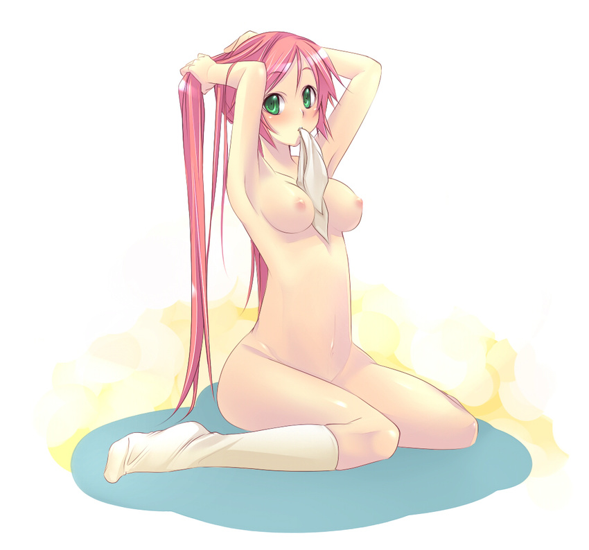 armpits bad_id bad_pixiv_id breasts green_eyes hana_(pangya) long_hair mato_(chirol) medium_breasts mouth_hold nipples nude pangya pink_hair sitting socks solo