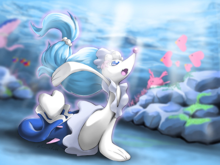 atu_(fuji_atu66) blue_eyes blurry blurry_background carvanha commentary_request corsola eyelashes fangs gen_2_pokemon gen_3_pokemon gen_7_pokemon highres light_beam looking_up luvdisc mantine open_mouth pokemon pokemon_(creature) primarina rock tongue underwater water_surface