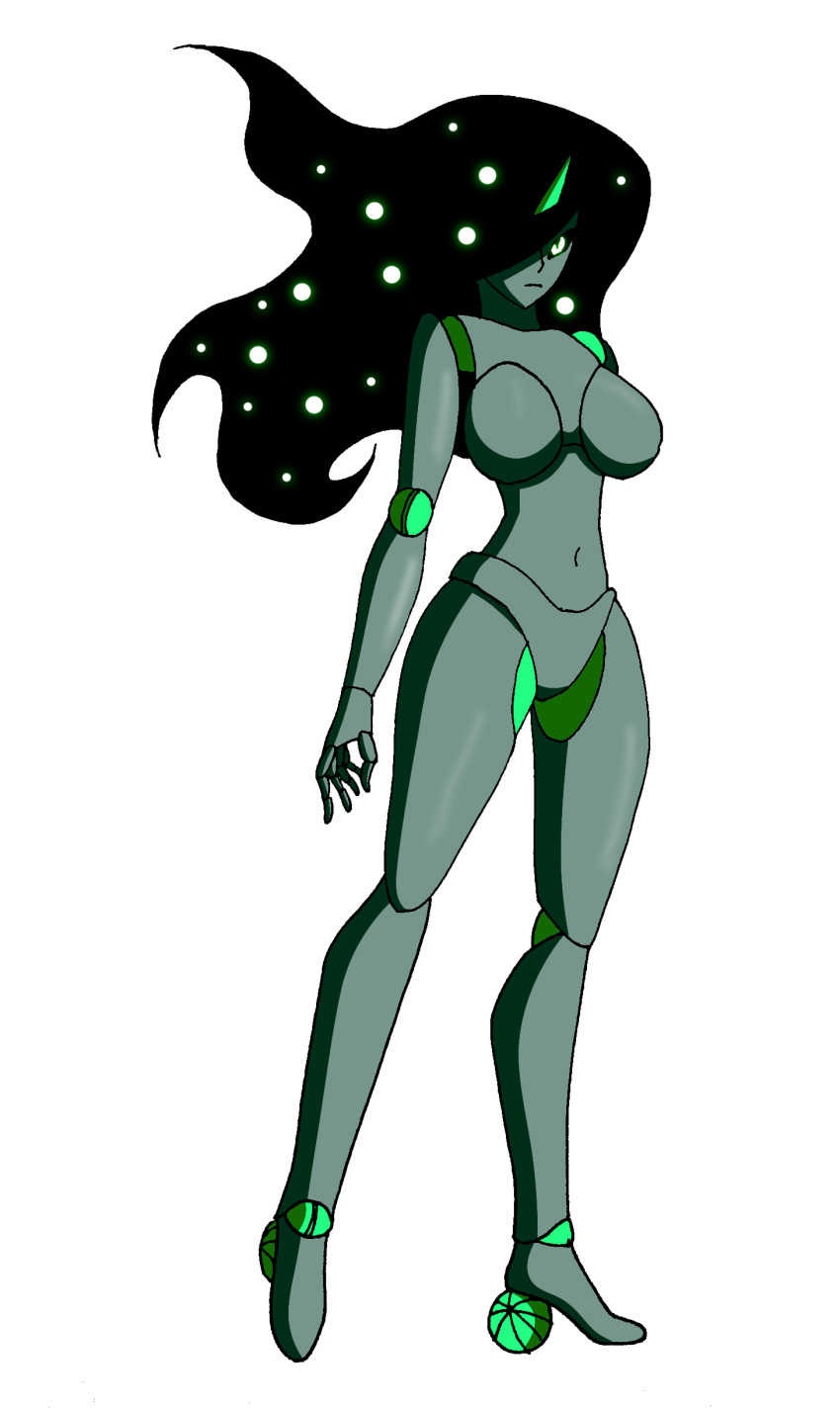 absurd_res anthro black_hair breasts bright_eyes exoskeleton featureless_breasts featureless_crotch female floating_hair green_body green_eyes hair hi_res high_heels horn machine nikku_lunatique nix_(nikku_lunatique) not_furry nude robot simple_background solo tier_(species)