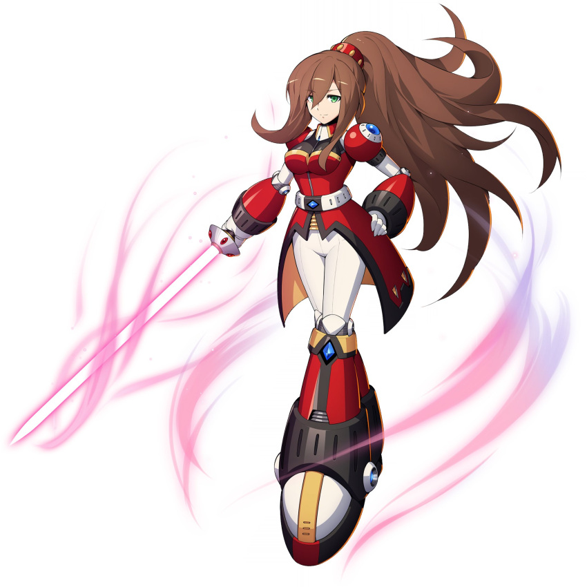 1girl android bangs breasts brown_hair closed_mouth commentary energy_sword full_body green_eyes hair_ornament hand_on_hip high_ponytail highres holding holding_sword holding_weapon iris_(mega_man) joints long_hair looking_at_viewer medium_breasts mega_man_(series) mega_man_x4 mega_man_x_(series) mizuno_keisuke official_art pants ponytail robot robot_joints rockman_x_dive shiny shiny_hair simple_background smile solo sword tied_hair weapon white_background white_pants