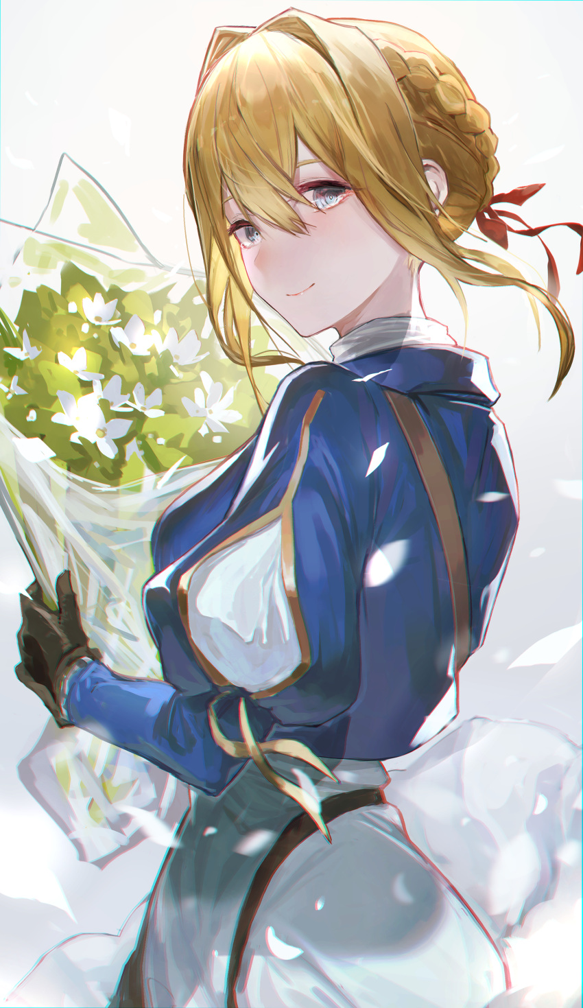 1girl absurdres bangs blonde_hair blue_eyes blue_jacket bouquet braid brown_gloves closed_mouth dress flower gloves hair_between_eyes hair_bun hair_intakes hair_ribbon highres jacket juliet_sleeves kyara-suro long_sleeves looking_at_viewer puffy_sleeves red_ribbon ribbon sidelocks skirt smile solo violet_evergarden violet_evergarden_(character) white_skirt