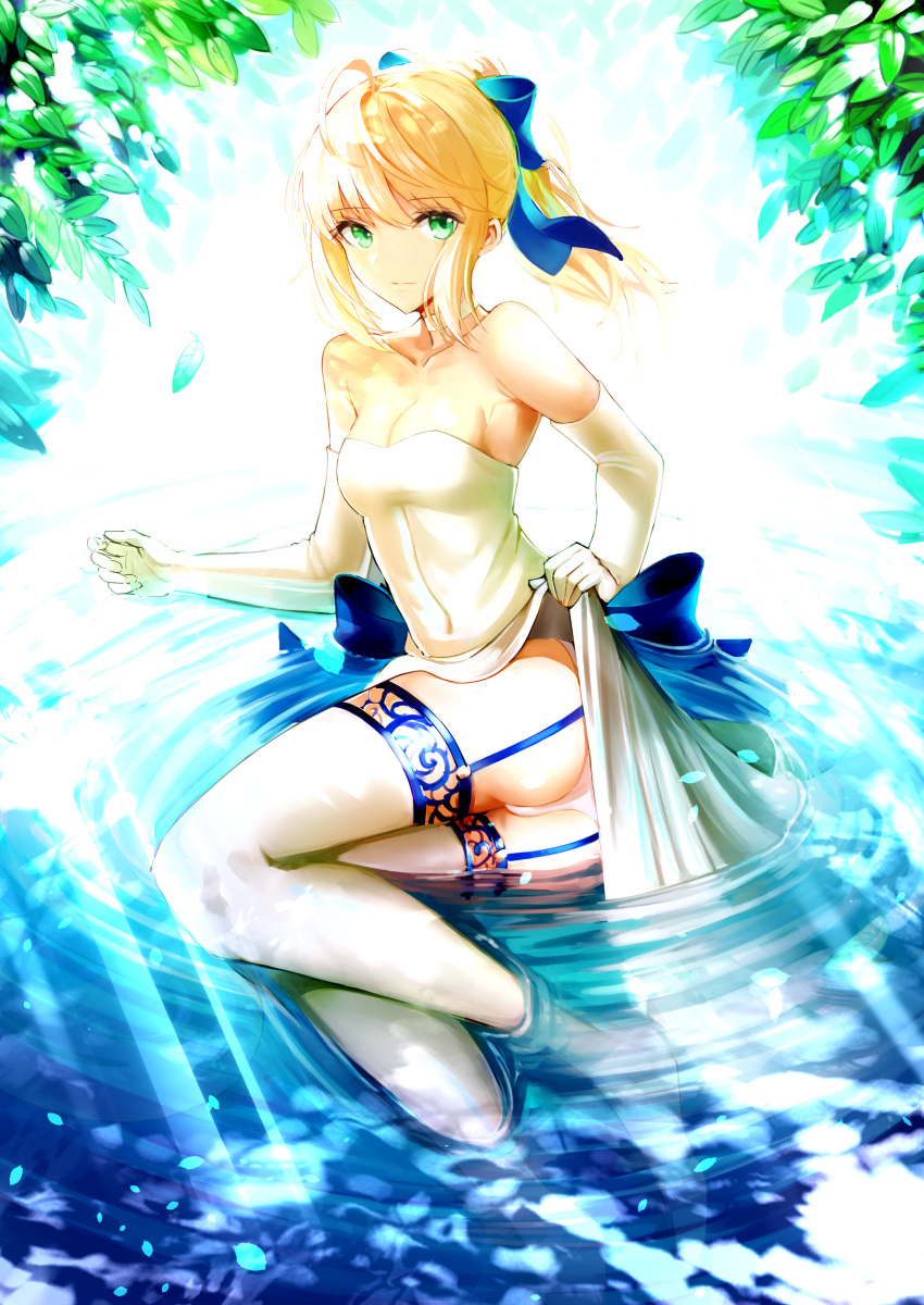 1girl absurdres ahoge artoria_pendragon_(all) ass blonde_hair blue_bow boa_sorte bow breasts choker cleavage covered_navel dress dress_bow dress_lift elbow_gloves fate/grand_order fate/stay_night fate_(series) garter_belt garter_straps gloves green_eyes hair_between_eyes hair_bow hair_ornament high_ponytail highres lace lace-trimmed_legwear lace_trim legs legs_together lying lying_on_water medium_hair on_side panties ponytail saber sideboob sidelocks skirt_hold small_breasts solo strapless strapless_dress thighhighs thighs underwear water wet wet_clothes white_choker white_dress white_gloves white_legwear white_panties