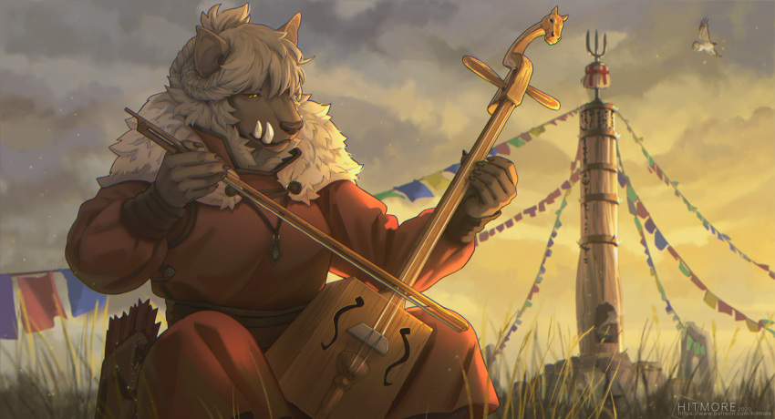 2021 5_fingers anthro bow_(stringed_instrument) breasts clothed clothing day detailed_background digital_media_(artwork) female fingers fully_clothed grass grey_hair hair hitmore musical_instrument outside plant sky smile solo string_instrument