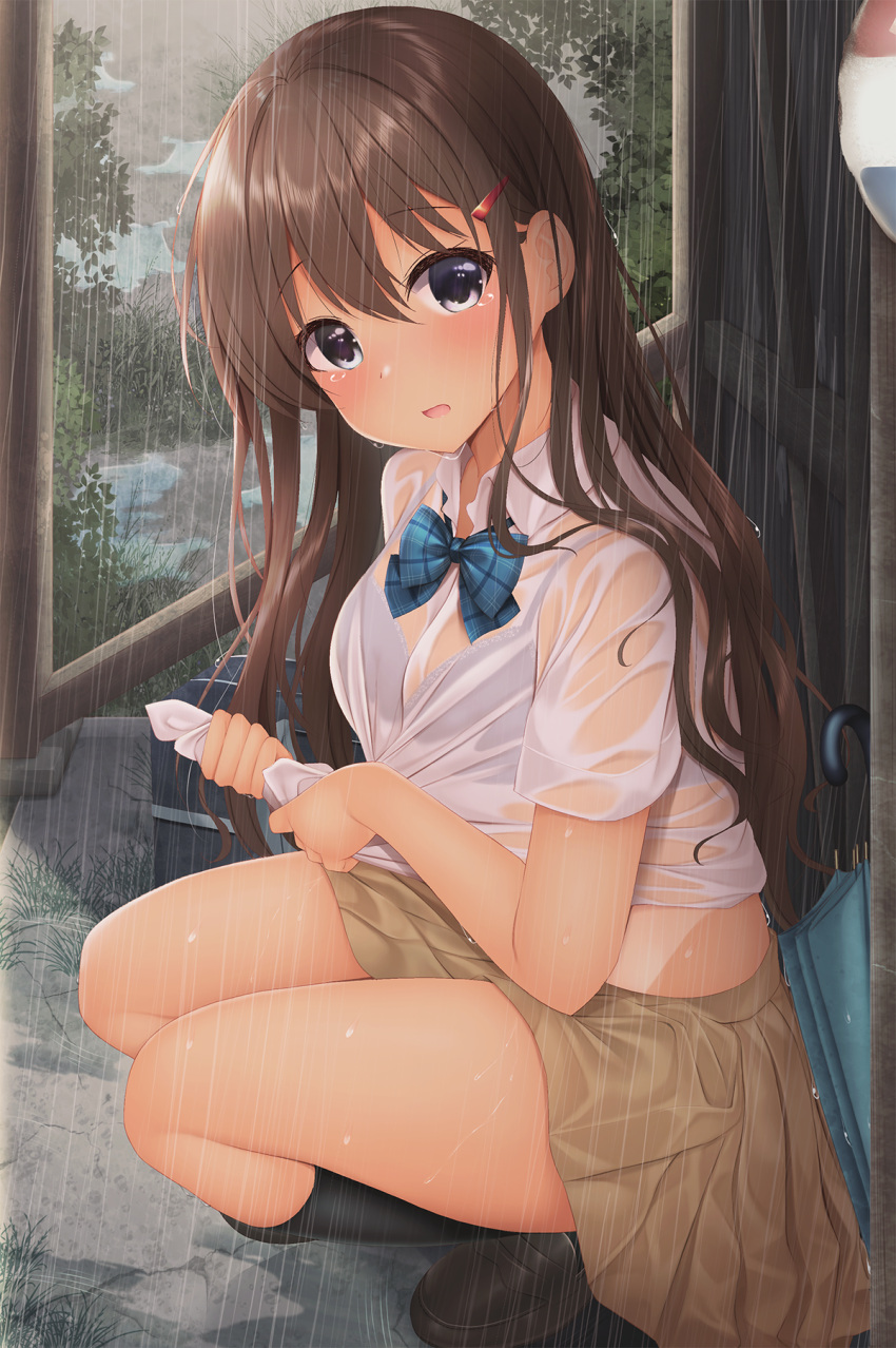 bra minato_(ojitan_gozaru) see_through seifuku shirt_lift skirt_lift tagme wet wet_clothes