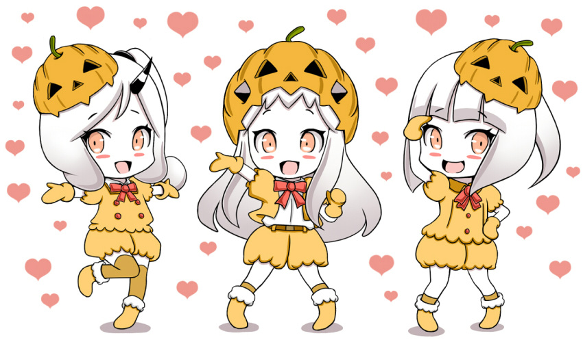 3girls abyssal_ship blush_stickers colored_skin commentary_request halloween_costume heart heart_background horns jack-o'-lantern kantai_collection long_hair mittens multiple_girls northeastern_ocean_princess_(roshiakouji-chan) northern_ocean_princess northern_sea_princess_(roshiakouji-chan) one_side_up open_mouth orange_eyes orange_footwear orange_mittens roshiakouji-chan single_horn smile standing standing_on_one_leg white_hair white_skin