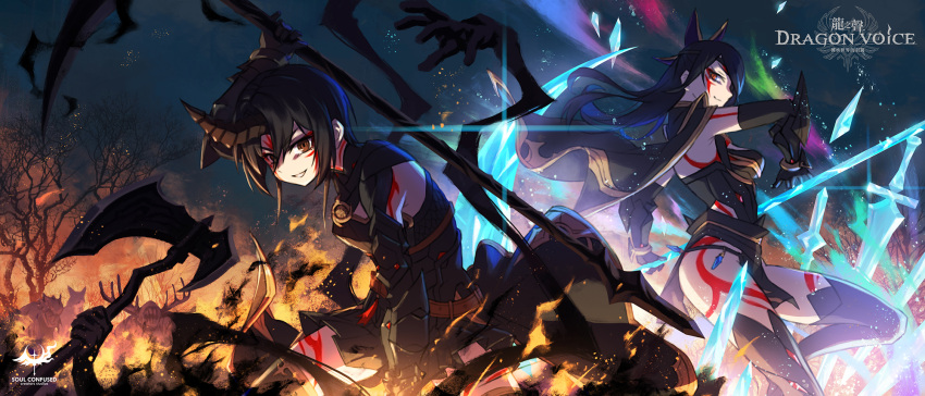 2girls arm_up axe black_hair breasts cape commentary_request dragon_girl elbow_gloves eyebrows_visible_through_hair fire fundoshi gloves grin hair_over_one_eye highres holding holding_weapon horns japanese_clothes leg_up looking_at_viewer medium_breasts multiple_girls original pelvic_curtain planted_sword planted_weapon pleated_skirt polearm short_hair sidelocks single_horn skirt smile spear sword thighhighs weapon wox