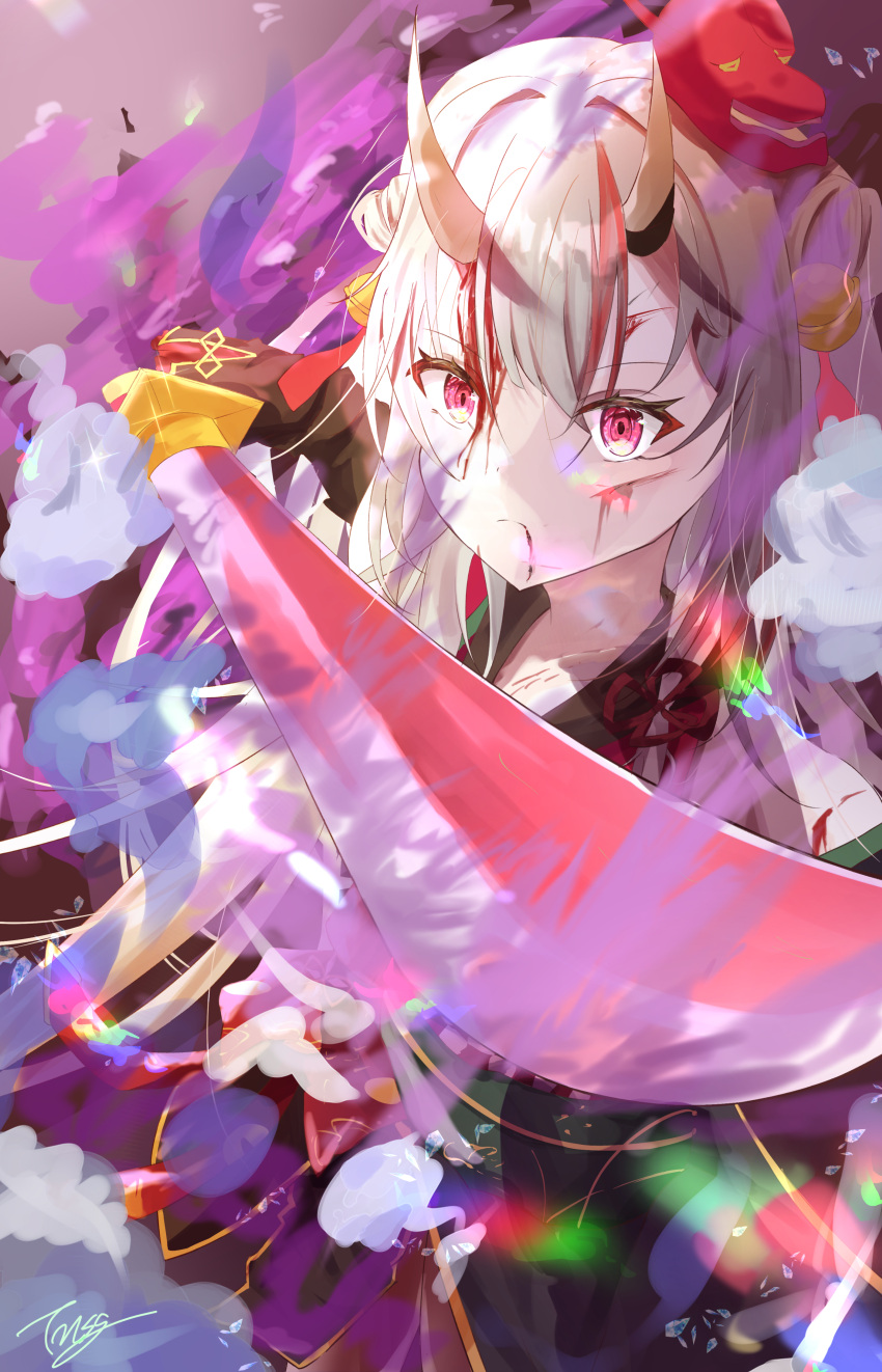 1girl absurdres bangs bell blood blood_on_face double_bun eyebrows_visible_through_hair hair_bell hair_between_eyes hair_ornament highlights highres holding holding_sword holding_weapon hololive horns injury japanese_clothes katana kimono long_hair looking_at_viewer mask mask_on_head multicolored_hair nakiri_ayame oni_horns oni_mask pose red_eyes red_hair sidelocks signature solo sword tonasegaill two-tone_hair virtual_youtuber weapon white_hair