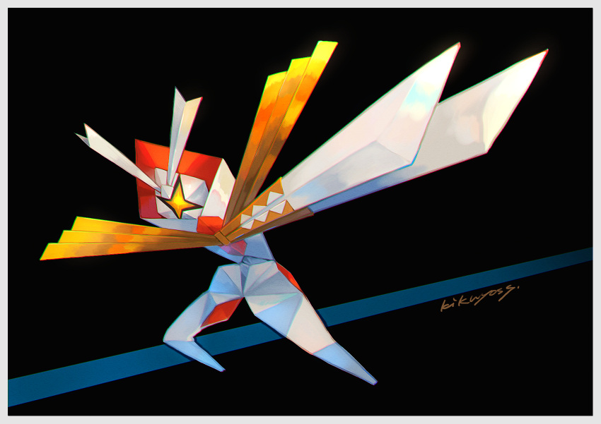 black_background border commentary_request full_body gen_7_pokemon highres kartana kikuyoshi_(tracco) no_humans pokemon pokemon_(creature) signature solo ultra_beast white_border