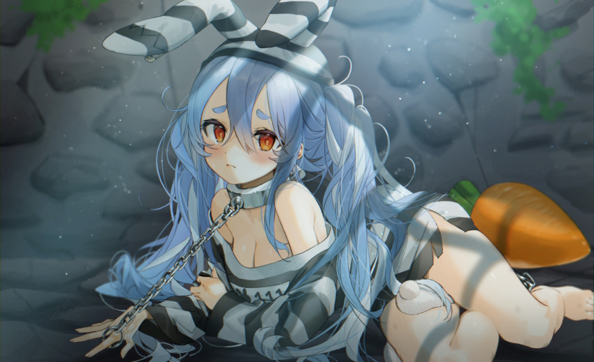 1girl animal_ears bangs bare_shoulders barefoot blue_hair blush breasts bunny_ears chain chained choker cleavage closed_mouth frown gotoh510 hair_between_eyes hololive indoors long_hair medium_breasts messy_hair multicolored_hair orange_eyes prison prison_clothes prisoner sidelocks solo streaked_hair striped stuffed_carrot sweatdrop symbol-shaped_pupils thick_eyebrows thighs usada_pekora virtual_youtuber white_hair