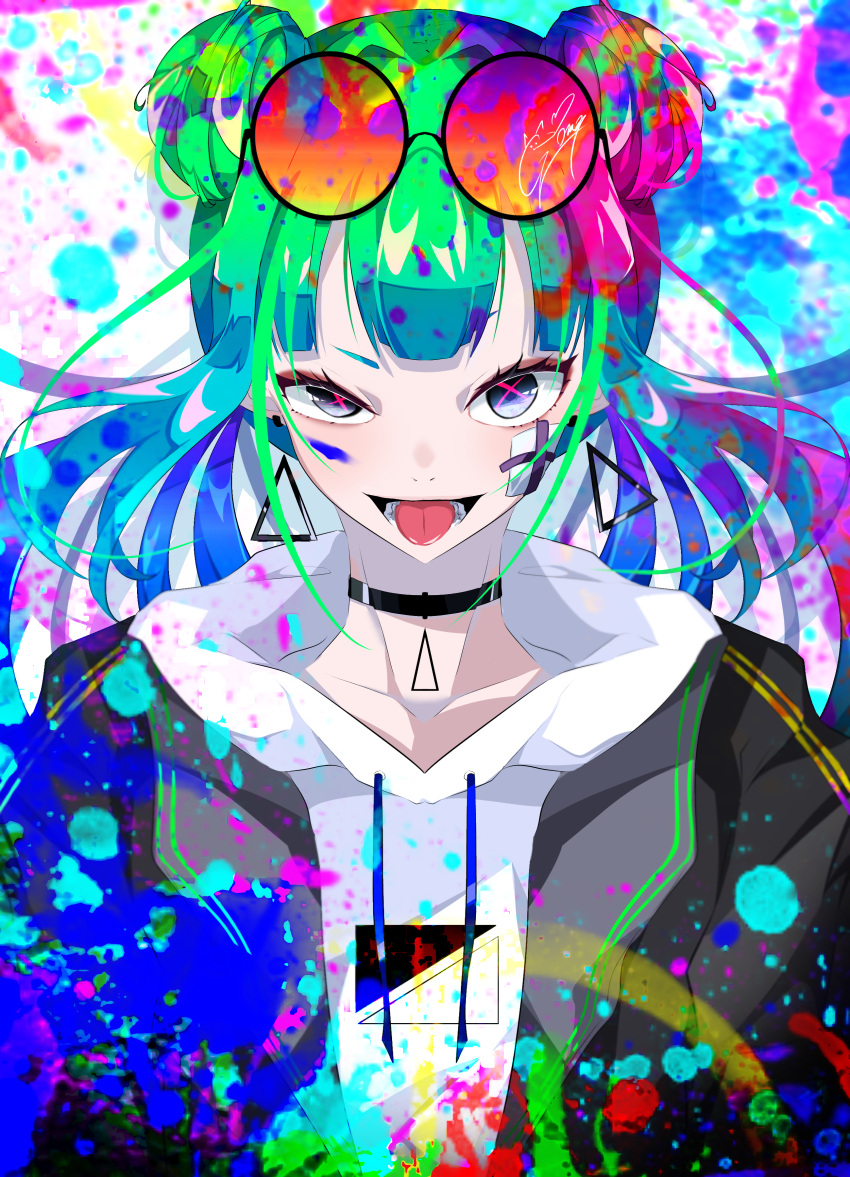 1girl absurdres bangs black_choker black_jacket blue_hair choker collarbone double_bun earrings eyewear_on_head goma_irasuto gradient_hair green_hair highres hood hoodie jacket jewelry long_hair looking_at_viewer multicolored_hair original paint_on_face solo sunglasses tongue tongue_out triangle_earrings white_hoodie x_x