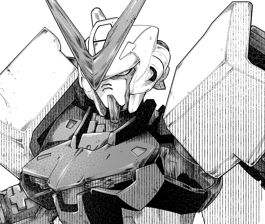 greyscale gundam gundam_astray_red_frame gundam_seed gundam_seed_astray hg_ni_koisuru_futari highres kudou_makoto looking_down mecha mobile_suit monochrome no_humans science_fiction solo upper_body white_background