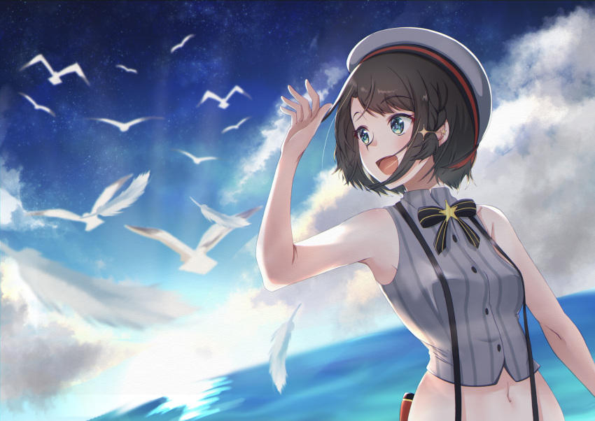 1girl :s absurdres aqua_eyes arms_up bangs bare_arms bare_shoulders bird black_neckwear blue_sky bow bowtie braid brown_hair buttons cropped_shirt french_braid grey_headwear grey_shirt hair_ornament hairclip hat high_collar highres hololive horizon looking_away looking_to_the_side midriff namiki_(namiki071897) navel nose ocean oozora_subaru pinstripe_pattern pinstripe_shirt sailor_hat seagull shirt short_hair sky sleeveless sleeveless_shirt solo star_(sky) star_(symbol) starry_sky striped suspenders swept_bangs virtual_youtuber