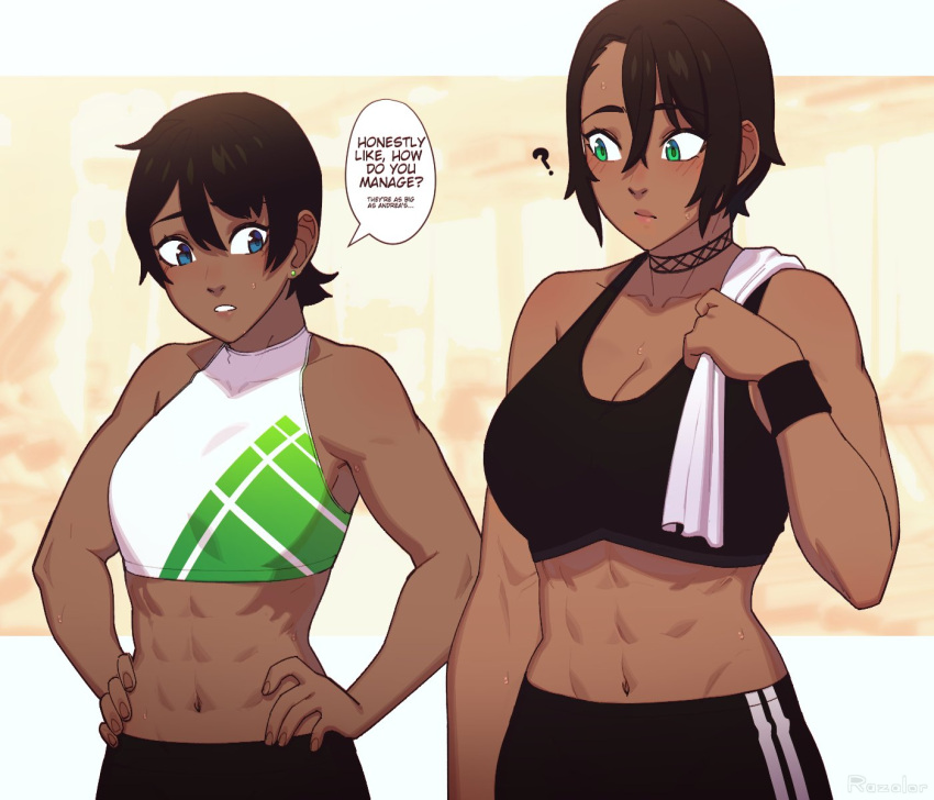 2girls :/ ? abs bangs bare_arms bare_shoulders biceps black_hair blue_eyes breasts collarbone commentary covered_collarbone dark_skin dark_skinned_female earrings english_commentary english_text green_eyes hair_between_eyes hand_on_hip highres jewelry k'lyn large_breasts looking_at_another midriff multiple_girls muscular muscular_female navel original parted_lips razalor short_hair small_breasts speech_bubble sports_bra stud_earrings sweat towel_on_one_shoulder wristband