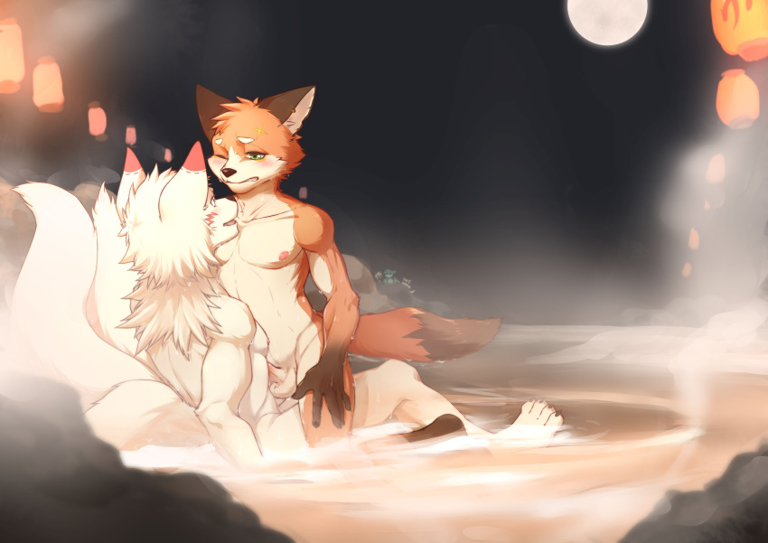 absurd_res anthro athletic athletic_male blush canid canine canis domestic_dog dtrreuaem duo fox genitals hi_res hot_spring juncos_(jayfeath3r) male male/male mammal onsen pecs penis sauna water wet