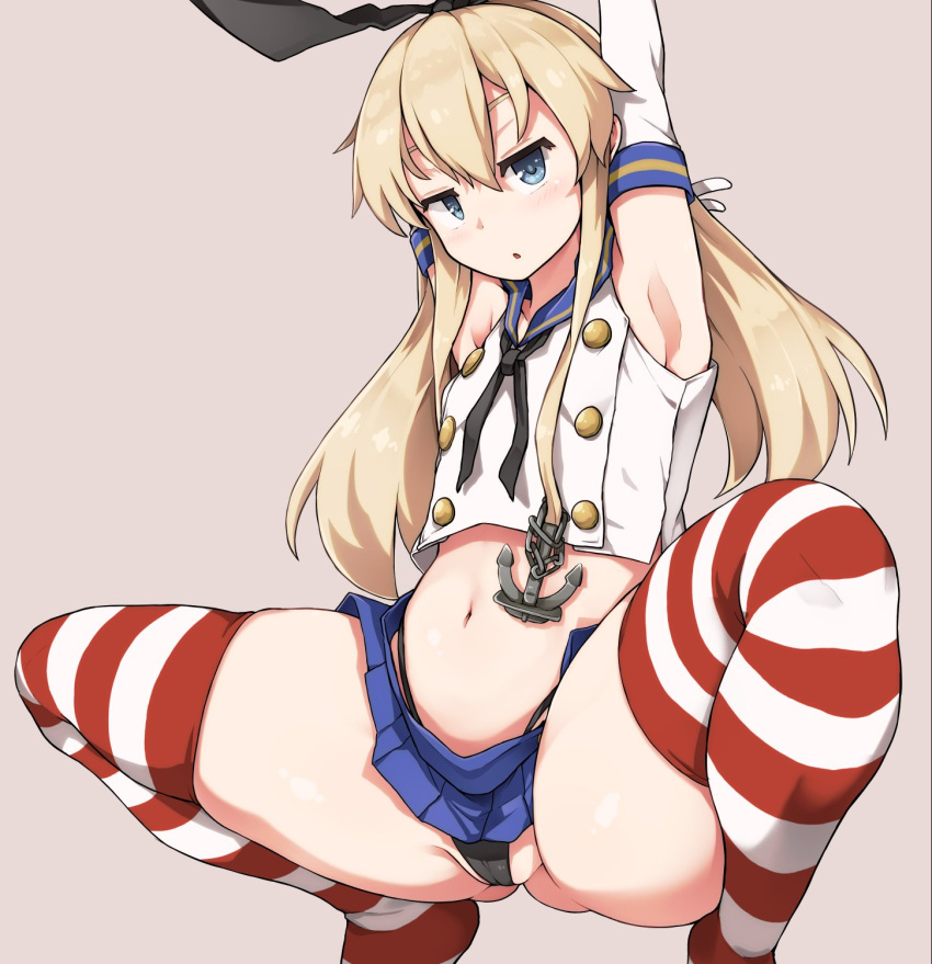 1girl :o aki_(sangetusei) anchor_hair_ornament armpits arms_up ass_visible_through_thighs bangs black_neckwear black_panties blonde_hair blue_eyes blue_sailor_collar blue_skirt brown_background cameltoe crop_top elbow_gloves flat_chest gloves hair_between_eyes hair_ornament hairband highleg highleg_panties highres kantai_collection long_hair looking_at_viewer microskirt midriff miniskirt navel neckerchief open_mouth panties pleated_skirt sailor_collar shimakaze_(kancolle) sidelocks simple_background skirt sleeveless solo squatting striped striped_legwear thighhighs thighs underwear white_gloves