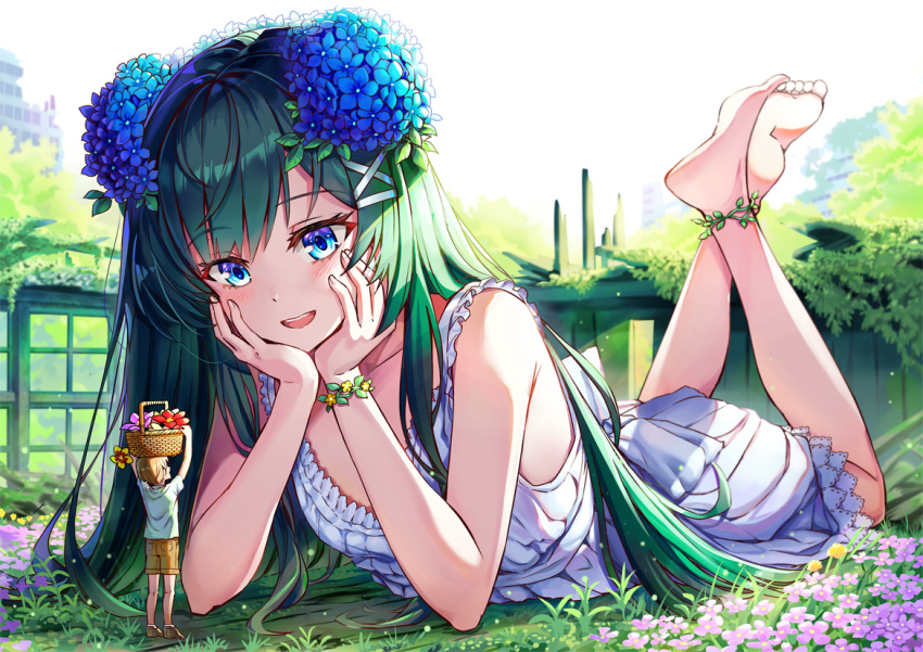 aqua_eyes barefoot dress flowers grass green_hair long_hair luffy123 original