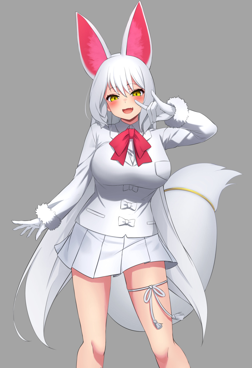 1girl :d absurdres animal_ears bangs blush breasts deku_suke extra_ears eyebrows_visible_through_hair fang fox_ears fox_girl fox_shadow_puppet fox_tail fur-trimmed_sleeves fur_trim gloves grey_background highres kemono_friends large_breasts large_tail long_hair long_sleeves looking_away oinari-sama_(kemono_friends) open_mouth pleated_skirt shirt simple_background skirt smile solo tail thigh_strap very_long_hair white_gloves white_hair white_shirt white_skirt yellow_eyes