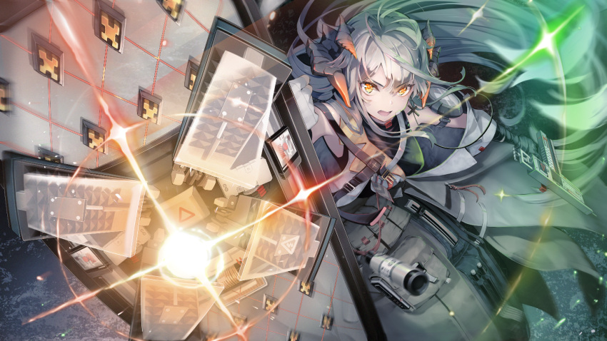 1girl arknights bare_shoulders breasts commentary_request gun holding holding_gun holding_weapon horns hoshizaki_reita long_hair medium_breasts official_alternate_costume saria_(arknights) saria_(stronghold)_(arknights) shield silver_hair solo weapon yellow_eyes