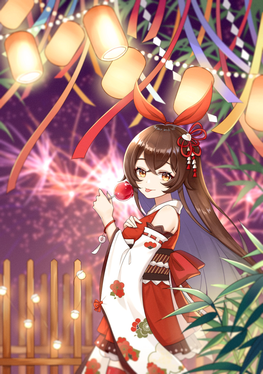 1girl :p amber_(genshin_impact) bangs blurry brown_eyes brown_hair candy_apple commentary_request depth_of_field detached_sleeves eyebrows_visible_through_hair fireworks food frills from_side genshin_impact hair_between_eyes hair_ornament hair_ribbon hairband highres holding lampion lolita_fashion long_hair looking_at_viewer looking_to_the_side night night_sky obi que_meng_meng ribbon ribbon-trimmed_sleeves ribbon_trim sash sidelocks sky solo summer_festival tongue tongue_out wa_lolita walking wide_sleeves