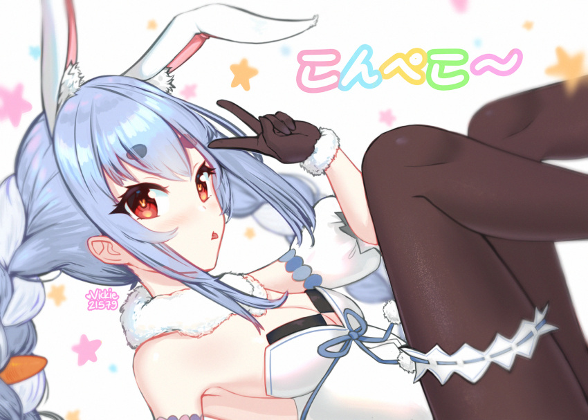 1girl :p animal_ear_fluff animal_ears bangs black_gloves black_legwear blue_hair braid breasts bunny-shaped_pupils bunny_ears carrot_hair_ornament commentary detached_sleeves extra_ears eyebrows_visible_through_hair food_themed_hair_ornament fur-trimmed_gloves fur_trim garters gloves hair_ornament highres hikimayu hololive looking_at_viewer multicolored_hair pantyhose puffy_detached_sleeves puffy_sleeves red_eyes small_breasts solo star_(symbol) tongue tongue_out twin_braids two-tone_hair usada_pekora v vickie_(cryingrobot) virtual_youtuber white_hair